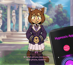 anthro bangs blazer blush blush_lines bodily_fluids brown_body brown_hair cellphone clothing electronics eyewear eyewear_on_head female glasses glasses_on_head hair imminent_hypnosis knee_highs legwear long_sleeves outside phone smartphone solo sweat tail text cobalt_snow conditional_dnp gameoverse glitch_productions kit_bodega felid feline mammal 2026 artist_name english_text hi_res