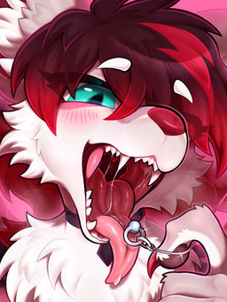 anthro blue_eyes blush bodily_fluids cheek_tuft choker eye_through_hair eyebrow_through_hair eyebrows facial_tuft female fur hair inner_ear_fluff jewelry kemono mouth_shot neck_tuft necklace open_mouth pink_tongue red_hair red_nose ring saliva sharp_teeth solo teeth tongue translucent translucent_hair tuft uvula white_body white_fur white_inner_ear_fluff tianhua canid canine mammal 2026 3:4 headshot_portrait hi_res portrait