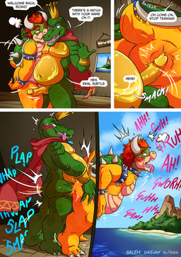 anal anal_penetration anthro belly bent_over big_belly butt crown dialogue duo genitals headgear humanoid_genitalia humanoid_penis island male male/male mostly_nude mostly_nude_anthro mostly_nude_male navel overweight overweight_anthro overweight_male penetration penis plap_(sound) sea ship sky speech_bubble standing text through_wall thrusting tongue tongue_out vehicle water watercraft thevoidwalker donkey_kong_(series) mario_bros nintendo bowser king_k._rool crocodile crocodilian koopa kremling reptile scalie 2024 colored comic digital_drawing_(artwork) digital_media_(artwork) english_text hi_res