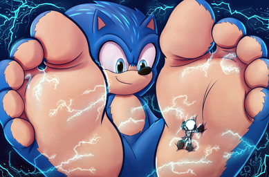 5_toes anthro barefoot biped blue_body blue_eyes blue_fur duo electric_shock extreme_size_difference feet foot_fetish foot_focus foot_play fur humanoid_feet looking_down macro male male/male micro plantigrade size_difference smile soles toes sokz sega sonic_the_hedgehog_(film) sonic_the_hedgehog_(series) sonic_the_hedgehog eulipotyphlan hedgehog mammal hi_res