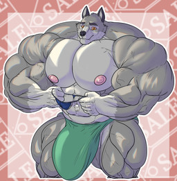 abs anthro big_bulge big_muscles bulge clothed clothing fur genitals grey_body grey_fur huge_bulge huge_muscles hyper hyper_bulge hyper_genitalia hyper_muscles male mostly_nude multicolored_body multicolored_fur muscular muscular_anthro muscular_male nipples pattern_background pecs pupils simple_background small_clothing thong thong_only topless two_tone_body two_tone_fur underwear underwear_only vein veiny_muscles yellow_sclera grandtaurus tempus_"timey"_(tardistype50) canid canine canis mammal wolf absurd_res digital_media_(artwork) hi_res