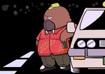 anthro bottomwear brown_body car clothing hat headgear headwear kemono male outside overweight overweight_anthro overweight_male pants shirt solo topwear vehicle gatoggy odd_taxi hiroshi_odokawa_(odd_taxi) mammal marine pinniped walrus 2021