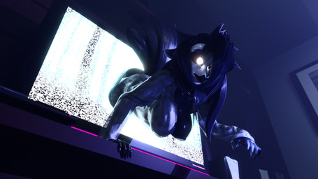 anthro big_breasts breasts clothing coming_out_of_tv cosplay crawling erect_nipples female glowing glowing_eyes hair ineffective_clothing messy_hair nipples nipples_visible_through_clothing solo translucent translucent_clothing strikefrommidnight samzan_(modeler) hellaverse helluva_boss the_ring octavia_(helluva_boss) sadako_yamamura avian bird demon owl 16:9 3d_(artwork) 4k absurd_res crossover digital_media_(artwork) hi_res huge_filesize widescreen