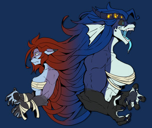 abs alternate_form anthro biceps big_breasts black_sclera blue_body blue_eyes blue_fur blue_hair breasts chest_wraps female fin fur hair hand_wraps head_fin horn huge_breasts humanoid_hands long_hair muscular muscular_female notched_ear open_mouth open_smile pawpads purple_body purple_fur red_hair sharp_teeth simple_background smile solo teeth tongue tongue_out transparent_background under_boob wraps yellow_eyes ceehaz elancia_chronicles verse_mcdowell aquatic canid canine fish fox hybrid mammal shark 2025 alpha_channel hi_res trans_(lore) trans_woman_(lore)