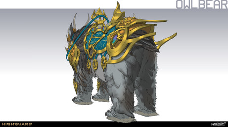 4_toes ambiguous_feral ambiguous_gender armor brown_body brown_feathers claws company_name feathers feet feral gold_(metal) gold_armor gold_greaves gold_mask gradient_background greaves grey_body grey_claws grey_feathers grey_tail grey_tail_feathers horned_mask light mask multicolored_body multicolored_feathers plantigrade quadruped reins saddle simple_background solo standing tail text three-quarter_view toe_claws toes nicholas_patrick_kelana highguard_(game) avian bear bird mammal moonbruin_(highguard) owl ursine 2026 absurd_res colored concept_art digital_drawing_(artwork) digital_media_(artwork) english_description english_text hi_res lighting official_art shaded