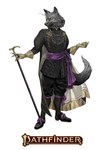 ambiguous_gender anthro black_body black_fur cape classy clothed clothing fancy_clothing footwear fur gloves handwear logo looking_at_viewer role-playing_game shoes smile smiling_at_viewer solo walking_stick carol_azevedo paizo pathfinder canid canine fox mammal official_art