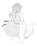 ambiguous_gender ambiguous_prey anthro anthro_pred belly big_belly breast_grab breast_squeeze breasts digestion digestion_noises digital_media_(artwork) dragon female female_pred greyscale hair hand_on_breast hand_on_own_belly hand_on_own_breast hi_res high-angle_view looking_at_belly looking_down monochrome motion_lines mythological_creature mythological_scalie mythology navel nude same_size_vore scalie short_hair squeezing standing sukebepanda tail thick_thighs unseen_prey vore