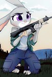 anthro bottomwear clothed clothing cloud day detailed_background female fn_fal fully_clothed fur grass grey_body grey_fur gun holding_gun holding_object holding_ranged_weapon holding_weapon kneeling long_ears outside pants plant purple_eyes ranged_weapon shirt sky solo tank_top topwear weapon bubblecop disney zootopia judy_hopps lagomorph leporid mammal rabbit hi_res signature