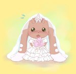 anthro beady_eyes blush bouquet brown_body brown_fur clothing dress fur solo wedding_dress white_clothing mas_square bandai_namco digimon digimon_(species) lagomorph leporid lopmon mammal rabbit hi_res