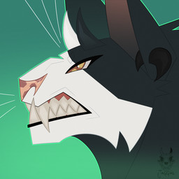 anthro big_nose black_white_fur ear_piercing fangs female horn piercing sabertooth_(anatomy) solo stylized teeth jaggal rykky_hnikky demon felid feline felis hybrid mammal 1:1 hi_res icon