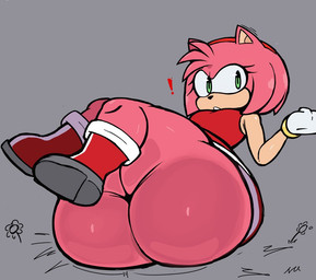accessory anthro big_butt boots bracelet butt clothing exclamation_point female footwear gloves green_eyes hair_accessory hairband handwear huge_butt jewelry legs_up pink_body shoes sitting solo tan_body tan_skin diivox sega sonic_the_hedgehog_(series) amy_rose eulipotyphlan hedgehog mammal