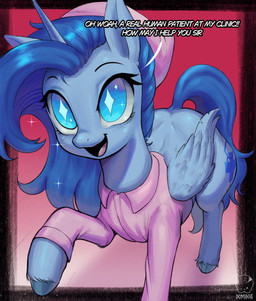 blue_body blue_eyes blue_hair blue_hooves blue_horn blue_skin blue_tail blue_wings blush blush_lines clothing female feral glistening glistening_body glistening_skin hair hat headgear headwear hooves horn long_hair open_mouth open_smile pink_clothing pink_hat pink_headwear pink_shirt pink_topwear quadruped red_background shirt simple_background smile snout solo sparkles sparkling_eyes tail text toony topwear wings dominismortis hasbro my_little_pony mythology equid equine mammal mythological_creature mythological_equine winged_unicorn 2026 hi_res signature