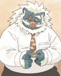 anthro blue_body bottomwear cellphone clothing electronics kemono male necktie overweight overweight_male pants phone scar shirt simple_background smartphone solo topwear garouzuki crave_saga raikiri_(crave_saga) mammal suid suine sus_(pig) wild_boar 2023 hi_res