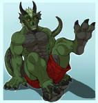 3_toes abs anthro athletic barefoot biceps big_muscles biped black_claws black_horn bottomwear claws clothed clothing fangs feet foot_focus green_body green_hair green_skin grey_body grey_skin grin hair hindpaw horn legs_up looking_at_viewer male muscular muscular_anthro muscular_male orange_eyes pawpads paws pecs plantigrade pose raised_leg scales shorts simple_background sitting smile soles solo tail teeth toe_claws toes topless arody mythology tharis dragon mythological_creature mythological_scalie scalie 2013