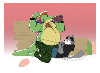 anthro arm_hair belly belt big_belly bloated body_hair bottle bottomwear box bracelet brown_hair chest_hair clothed clothing container drinking duo facial_hair flexing flexing_bicep hair happy_trail holding_bottle holding_container holding_object jewelry kneeling looking_down looking_down_at_another love_handles male male/male measuring_belly moobs navel on_top_of_another open_belt open_bottomwear open_clothing open_pants overweight overweight_anthro overweight_male pants pizza_box sideburns soda_bottle spiked_bracelet spikes tail tail_motion tailwag weight_gain lizzies4lad five_nights_at_freddy's five_nights_at_freddy's:_security_breach scottgames steel_wool_studios alex_(txartwolf) montgomery_gator alligator alligatorid canid canine canis crocodilian mammal reptile scalie wolf hi_res