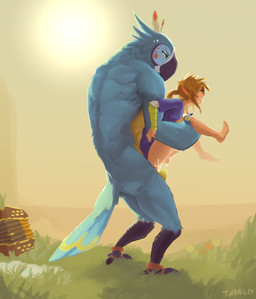 anal anal_penetration anthro dominant duo humanoid_on_anthro interspecies larger_dom male male/male male_penetrated male_penetrating male_penetrating_male outside penetration reverse_stand_and_carry_position sex size_difference standing standing_sex twang breath_of_the_wild nintendo the_legend_of_zelda kass_(tloz) link avian bird humanoid hylian rito hi_res