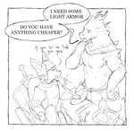 abs anthro dialogue duo flirting genitals hand_on_penis horn larger_anthro male male/male male_anthro measuring measuring_penis melee_weapon merchant muscular pecs penis simple_background size_difference smaller_anthro speech_bubble sword text weapon scaleman_etal_(artist) dungeons_and_dragons hasbro wizards_of_the_coast canid canine fox mammal reptile scalie comic digital_drawing_(artwork) digital_media_(artwork) english_text greyscale monochrome