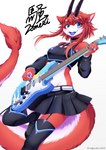 anthro belt black_horn blue_eyes blush bottomwear breasts claws clothed clothing ear_piercing electric_guitar fangs female female_anthro finger_claws fluffy fur garter_straps guitar hair happy horn legwear looking_at_viewer medium_breasts midriff multicolored_horn musical_instrument open_mouth open_smile piercing playing_guitar playing_music plucked_string_instrument red_body red_ears red_fur red_hair red_horn red_tail ring skirt smile solo string_instrument tail tail_under_skirt teeth thigh_highs tongue white_body white_fur white_tail wolfox004 fender_musical_instruments_corporation mythology stratocaster dragon furred_dragon furred_scalie mythological_creature mythological_scalie scalie 2023 digital_media_(artwork) hi_res