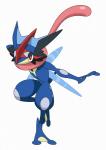 2015 absurd_res ambiguous_gender amphibian anthro ash-greninja black_body black_skin blue_body blue_skin cel_shading generation_6_pokemon greninja hi_res long_tongue nintendo nude official_art pokemon pokemon_(species) raised_leg red_body red_eyes red_skin shaded simple_background solo tongue tongue_out unknown_artist water white_background white_body white_skin