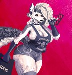 anthro big_breasts bottomwear breasts clothing female fur grey_body grey_fur grey_hair hair holding_object huge_breasts legwear logo looking_at_viewer multicolored_body multicolored_fur open_mouth pink_background red_sclera shorts simple_background solo tail thigh_highs two_tone_body two_tone_fur white_body white_eyes white_fur wet_soc avenged_sevenfold helluva_boss hot_topic loona_(helluva_boss) canid canine mammal digital_media_(artwork) digital_painting_(artwork) hi_res portrait shaded three-quarter_portrait