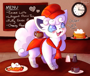 ambiguous_gender apron beverage black_pepper blue_eyes blush chest_tuft clock clothed clothed_feral clothing coffee container cup cute_fangs dairy_products dialogue ear_tuft fangs feral fluffy fluffy_tail food fruit furniture hat headgear headwear heart_eyes heart_symbol leg_markings looking_at_viewer markings menu open_mouth open_smile pepper_shaker plant salt scarf smile socks_(marking) solo standing strawberry table tail teeth text tuft waffle whipped_cream kitsuakari nintendo pokemon pokemon_cafe_remix alolan_form alolan_vulpix generation_7_pokemon pokemon_(species) regional_form_(pokemon) 2020 english_text hi_res