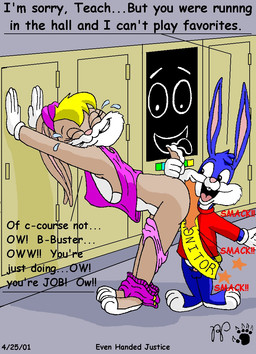 3_toes adult_on_child adult_on_young age_difference anthro balls barefoot bent_over blonde_hair blue_body blue_fur bodily_fluids bottomless bottomwear bottomwear_down breasts butt_slap clothed clothing countershade_feet countershading dialogue duo eyes_closed feet female fur genitals hair male nipple_outline panties panties_down pants pants_down partially_clothed penis pink_nose plantigrade school scut_tail short_tail slap spanking tail tail_grab tan_body tan_fur tears text toes underwear underwear_down unprofessional_behavior young kthanid_(artist) looney_tunes tiny_toon_adventures warner_brothers buster_bunny lola_bunny lagomorph leporid mammal rabbit 2001 english_text