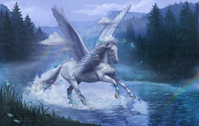 ambiguous_feral ambiguous_gender anatomically_correct blue_eyes detailed_background feral fir forest fur gallop hair hooves lake long_mane mane outside plant pupil quadruped rainbow solo splashes tail text tree water white_body white_fur white_hair white_mane white_tail white_wings wings beesa hasbro my_little_pony mythology equid equine horse mammal mythological_creature mythological_equine pegasus pony 2026 artist_name digital_media_(artwork) digital_painting_(artwork) hi_res krita_(artwork) paint_tool_sai_(artwork) painting_(artwork) signature
