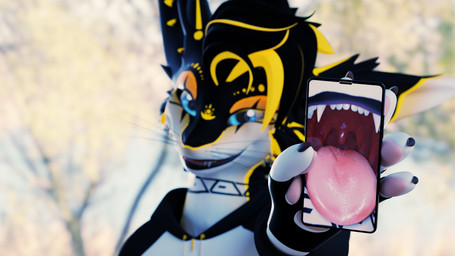 5_fingers anthro black_body black_fur blue_eyes cellphone clothed clothing electronics fingers fur holding_object holding_phone looking_at_viewer male mouth_shot open_mouth phone phone_screen presenting smartphone smile smiling_at_viewer smirk smirking_at_viewer solo tongue tongue_out uvula white_body white_fur yellow_body yellow_fur azerta56 rexouium 16:9 2026 3d_(artwork) 4k absurd_res blender_(artwork) blender_cycles_(artwork) digital_media_(artwork) hi_res widescreen