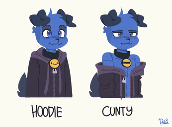 anthro bell bell_collar black_body black_collar black_fur black_nose blue_body blue_eyes blue_fur breath clothed clothing collar cute_fangs duo fangs floppy_ears fur gesture gesturing_to_viewer grey_clothing grey_hoodie grey_topwear hand_gesture heart_symbol hoodie looking_at_another looking_at_viewer male open_clothing open_hoodie open_topwear panting pupils simple_background smile square_crossover stop_gesture tail tail_motion tailwag teeth text tongue tongue_out topwear white_background zipper dalueart dalue_(dalueart) canid canine canis domestic_dog mammal 2d_animation animated animated_webp english_text