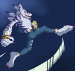 anthro bottomwear brass_knuckles clothing denim denim_bottomwear denim_clothing jeans kick male melee_weapon open_mouth pants piercing solo space star teeth_showing tongue_showing weapon yellow_eyes thegreatmatsutzu bandai_namco digimon canid digimon_(species) mammal weregarurumon