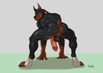 5_fingers anthro anus athletic athletic_anthro athletic_male back_muscles backsack balls big_penis black_body black_fur black_nose brown_body brown_fur butt claws clothing collar crouching digitigrade feet fingers footwear fur genitals hindpaw humanoid_genitalia humanoid_hands humanoid_penis looking_at_viewer looking_back looking_back_at_viewer male mostly_nude multicolored_body multicolored_fur muscular muscular_anthro muscular_male nude paws penis perineum presenting presenting_anus rear_view shadow smile socks solo toe_claws toeless_footwear toeless_socks toes two_tone_body two_tone_fur kahlu klaus_doberman_(character) canid canine canis dobermann domestic_dog mammal pinscher 2021 digital_media_(artwork) signature