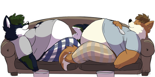 anthro belly clothing cutlery duo eyes_closed furniture holding_object kitchen_utensils male male/male overweight pajamas partially_covered_belly simple_background sofa spoon tools white_background young young_anthro diegothedragon deklan_(kazan.k) kazan_(kazan.k) canid canine canis culpeo_fox fox mammal south_american_fox wolf signature