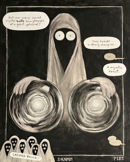 5_fingers ambiguous_gender border choir crystal_ball dialogue fingers hooded_cloak mysterious_figure speech_bubble subliminal text sharkinthepark 2026 4:5 absurd_res charcoal_(artwork) comic english_text greyscale hi_res monochrome traditional_media_(artwork)