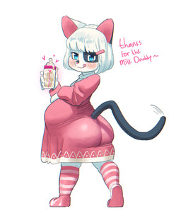 anthro baby_bottle bodily_fluids bottle clothed clothing container cum cum_in_a_baby_bottle cum_in_bottle cum_in_container female genital_fluids legwear pregnant solo stockings text underage_pregnancy young kuroneko_(artist) meko domestic_cat felid feline felis mammal english_text hi_res maleherm_(lore)