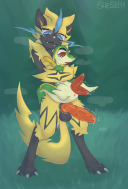 2_penises animal_genitalia animal_penis anthro anthro_on_anthro anus aroused_smile balls big_knot big_penis black_balls black_body blue_eyes bodily_fluids claws duo fangs feral forest forest_background fur genital_fluids genitals grass green_body hemipenes holding_another hug hugging_another hugging_from_behind knot knotted_penis looking_at_another looking_down male male/male multi_genitalia multi_penis nature nature_background penis plant precum raised_tail red_anus red_eyes red_knot red_penis size_difference smile smiling_at_another smiling_at_partner surprised tail teeth thick_penis throbbing throbbing_penis toe_claws tree unusual_anatomy unusual_genitalia unusual_penis yellow_body yellow_fur zig_zag_pattern shieshuqqq nintendo pokemon felid feline generation_5_pokemon generation_7_pokemon legendary_pokemon mammal pokemon_(species) reptile scalie snake snivy zeraora hi_res