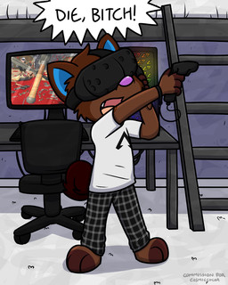 anthro blood bodily_fluids bottomwear brown_body brown_fur chair clothed clothing computer dialogue electronics fur furniture male office_chair pattern_bottomwear pattern_clothing plaid plaid_bottomwear plaid_clothing profanity solo swivel_chair text vr_headset young young_anthro pokefound htc_vive cosmo_(sweerpotato) canid canine canis domestic_dog mammal 4:5