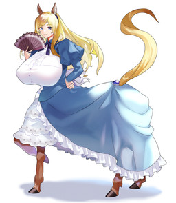big_breasts blonde_hair blue_eyes breasts brown_body brown_fur clothed clothed_taur clothing dress female female_taur fur hair holding_fan hooves horse_ears horse_tail huge_breasts noblewoman ribbons simple_background solo standing taur_clothing ushih_43 european_mythology greek_mythology mythology estelle_bellegarde centaur equid equid_taur humanoid_taur mammal mammal_taur taur absurd_res hi_res