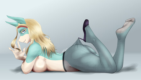 anthro big_breasts blonde_hair breasts butt clothed clothing female footwear gesture hair head_accessory high_heels legwear one_shoe_on open_mouth shoes solo stockings topless translucent translucent_clothing waving waving_at_viewer art_an1m3 hooked_on_heel_(trend) my_hero_academia ippan_josei mammal quirked_human_(my_hero_academia) 2025 digital_media_(artwork) hi_res
