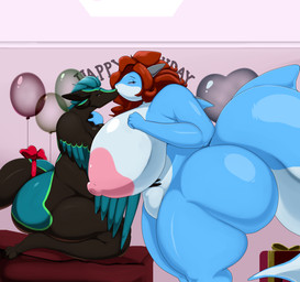 3_toes 4_ears anthro areola balloon big_areola big_breasts big_butt birthday birthday_party black_arms black_body black_breasts black_feathers black_legs blue_arms blue_body blue_butt blue_feathers blue_hair blue_legs blue_skin blue_tail blue_wings bow_ribbon breasts butt duo eyes_closed feather_hair feathered_wings feathers feet female gifting_self green_body green_feathers hair hand_on_shoulder huge_areola huge_breasts huge_butt huge_hips huge_thighs inflatable kiss_on_lips larger_anthro larger_female long_snout multi_ear nipples non-mammal_areolas non-mammal_breasts non-mammal_nipples nude nude_anthro nude_female overweight overweight_anthro overweight_female pink_areola pink_nipples pseudo_hair red_ribbon ribbon_only size_difference smaller_anthro smaller_female snout tail thick_thighs toes white_body white_breasts white_skin wide_hips winged_arms wings jessesmash32 ralena/ralaku shannon_shark avali avian carpet_shark fish ginglymostomatid marine nurse_shark shark hi_res herm_(lore)