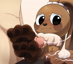 ambiguous_gender anthro bodily_fluids brown_body brown_fur candy chocolate cum cum_in_ass cum_inside cum_on_food dessert duo erection feet female food foot_fetish foot_play footjob fur genital_fluids genitals male penis sex pawsolie blushcrunch_studio dandy's_world roblox cocoa_(dandy's_world) human lagomorph leporid mammal rabbit toon_(dandy's_world) absurd_res digital_media_(artwork) hi_res