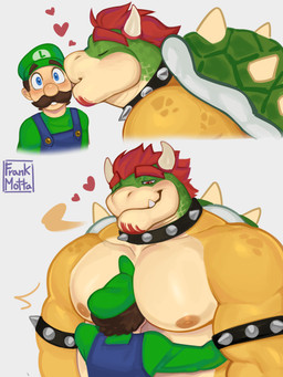 anthro biceps big_muscles big_pecs blue_eyes collar duo eyebrows facial_hair hair head_between_pecs hug huge_pecs kissing kissing_cheek male male/male moobs muscular mustache pecs red_eyes red_hair simple_background size_difference spiked_collar spikes white_background frank_motta mario_bros nintendo super_mario_galaxy bowser luigi human koopa mammal scalie 3:4 absurd_res hi_res