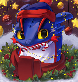 ambiguous_gender beanie blue_beanie blue_body blue_clothing blue_hat blue_headwear blue_scales candy candy_cane clothing dessert feral food garland hat headgear headwear holidays holly_(plant) light looking_at_viewer neckwear ornament plant red_scarf scales scarf solo tongue tongue_out yellow_eyes rivashell christmas dreamworks european_mythology how_to_train_your_dragon mythology hero_(cyadical) dragon fury_(httyd) mythological_creature mythological_scalie night_fury scalie western_dragon digital_media_(artwork) headshot_portrait hi_res portrait