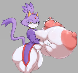 anthro areola big_areola big_breasts big_butt big_nipples breast_grab breasts butt cheek_tuft closed_smile clothed clothing countershading eyelashes facial_tuft female forehead_gem fur gem gloves grey_background hair hand_on_breast handwear huge_areola huge_breasts huge_nipples hyper hyper_areola hyper_breasts hyper_nipples long_tail looking_at_viewer mouth_closed narrowed_eyes nipples orange_eyes pupils purple_hair purple_tail red_gem simple_background smile solo tail thick_thighs tuft white_body white_clothing white_countershading white_fur white_gloves white_handwear jojojiva sega sonic_the_hedgehog_(series) blaze_the_cat domestic_cat felid feline felis mammal 2025