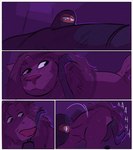 anthro black_clothing black_nose clothing comic crowbar felid feral fur group hi_res human in_mouth lion male male/male mammal masked_face pantherine pawpads paws purple_body purple_eyes purple_fur quadruped surrounded throwing tools zoba_(artist)