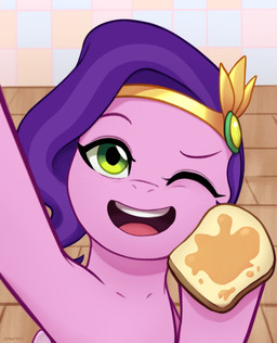 bread breakfast camera female feral food green_eyes hair holding_camera holding_food holding_object honey_(food) honey_toast looking_at_viewer open_mouth open_smile pink_body purple_hair selfie smile solo marenlicious hasbro mlp_g5 my_little_pony my_little_pony:_tell_your_tale pipp_petals_(mlp) equid equine mammal 2022 hi_res