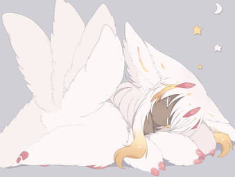 4_arms 4_tails ambiguous_gender big_ears biped blonde_hair blonde_highlights brown_body brown_skin butt claw_fingers claws crescent_moon dark_body dark_skin eyelashes featureless_crotch featureless_feet feet finger_claws fluffy fluffy_ears fluffy_tail fur grey_background hair highlights_(coloring) inner_ear_fluff kemono long_hair lying monotone_body monotone_fur monotone_tail moon multi_arm multi_limb multi_tail multicolored_hair on_front pink_claws side_view simple_background sleeping solo split_form star_polygon tail tuft two_tone_hair white_body white_ears white_eyelashes white_fur white_hair white_inner_ear white_inner_ear_fluff white_tail tatososu made_in_abyss faputa arthropod insect lepidopteran moth narehate 2023 colored digital_media_(artwork) full-length_portrait portrait female_(lore)