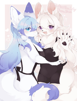 anthro apron apron_only blue_eyes blue_hair clothing dipstick_tail duo entwined_tails eye_through_hair female fox_tail fur gesture hair heart_symbol hug hugging_another inner_ear_fluff kemono markings neck_tuft open_mouth pawpads purple_eyes tail tail_coil tail_markings translucent translucent_hair tuft waving waving_at_viewer white_body white_fur white_hair wolf_tail hoshimiii_mi canid canine canis fox mammal wolf 2022 hi_res