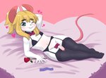 anthro biped blonde_hair blush bra clothed clothing crossdressing femboy garter_belt garter_straps genitals hair hand_behind_head legwear male navel one_eye_closed penis solo thick_thighs thigh_highs underwear white_body mr-shin mammal mouse murid murine rodent 2025 hi_res