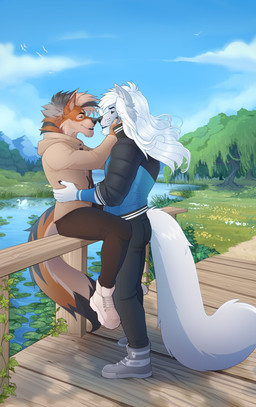 anthro black_stripes bridge clothing day detailed_background duo footwear fur grey_hair hair hand_on_face imminent_kiss jacket lily_pad long_hair male male/male male_anthro mountain multicolored_hair nature nature_background orange_body orange_fur plant pond romantic romantic_couple shoes striped_body striped_fur stripes tan_hair topwear trail two_tone_hair water white_body white_fur white_hair wood wooden_bridge dicksndemons pyro29 zuel_(ruugoole) arctic_wolf canid canine canis iberian_wolf mammal wolf hi_res
