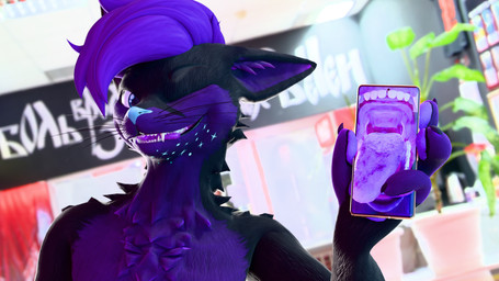 anthro black_body black_fur blep blue_eyes blue_nose cellphone chest_tuft close-up electronics eyebrows fangs femboy fur glowing glowing_mouth hair happy looking_at_viewer male mall mouth_shot multicolored_body one_eye_closed open_mouth phone purple_body purple_fur purple_hair purple_mouth smartphone smug solo sparkles teeth throat tongue tongue_out tuft two_tone_body vore_tease wink winking_at_viewer kitsunaki_(artist) kitsunaki canid canine fox mammal rexouium 16:9 2026 3d_(artwork) blender_(artwork) digital_media_(artwork) headshot_portrait hi_res meme portrait shaded widescreen